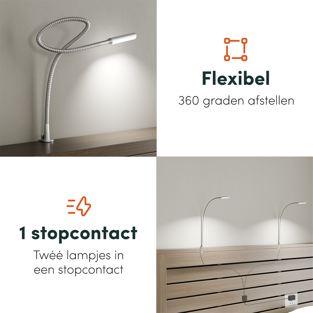 Bed Leeslamp - Hoofdbord montage - Zilver